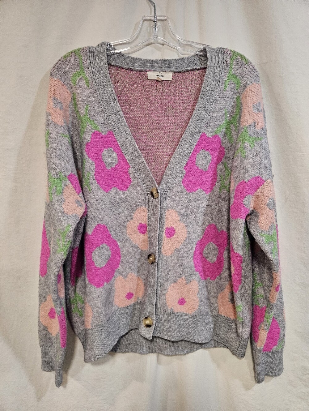 entro Gray Floral V-Neck Button Cardigan - Pink & Peach Blooms